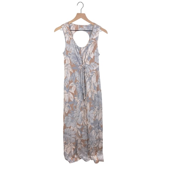 Tommy Bahama Cutout Back Maxi Dress Tie Front Sleeveless Tan Blue Floral Small - Picture 1 of 9